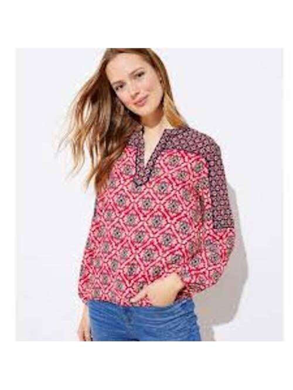 Loft EUC Women's Long Sleeve Red Pink Geo Mosaic Print Blouse Size S